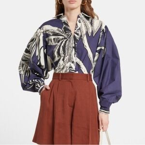 Johanna Ortiz Printed cotton shirt long sleeve blue white tropical palm tree 8